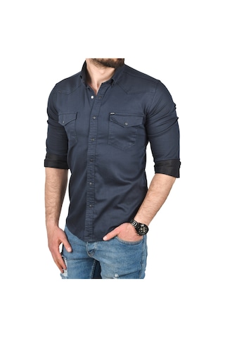 Deepsea Erkek Lacivert Slim Fit Pamuklu Cepli Kot Gömlek Çıtçıtlı Uzun Kollu Spor Gömlek 2502503 Lacivert