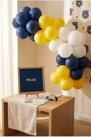 Polis Temalı Doğum Günü Süsleme Classic Set Koyu Mavi Keçe Yazı Panosu Standlı Balon Zincirli El Pompası Polis Seti Çocuk