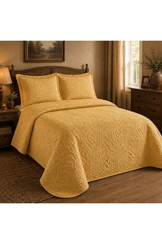 Kapreo Home Dinarsu Olivia Çift Kişilik Yatak Örtüsü Seti 3 Parça 230x250 Cm Desenli Yatak Örtüsü Ve 2 Yastık Kılıfı / Hardal