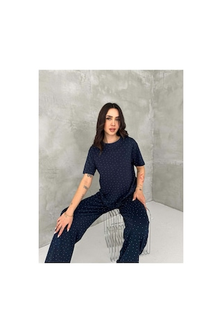 Asur Boutique Asur Butik Kadın Taşlı Bisiklet Yaka Alt Üst Takım Pantolonlu Şık Günlük Kombin Lacivert