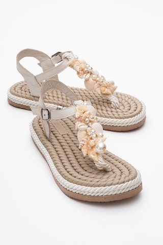 Luvishoes Mıel Bej Deniz Kabuklu Hakiki Deri Kadın Parmak Arası Sandalet Bej