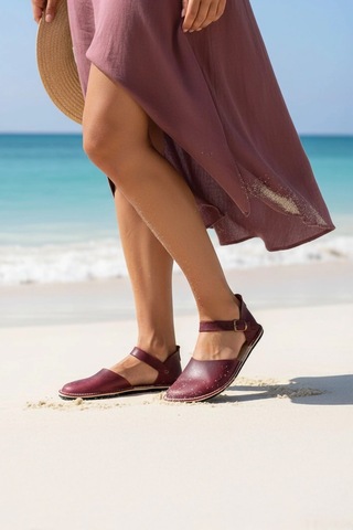 Bodhi Handcraft Kadın Barefoot Hakiki Deri Minimalist Günlük Sandalet El İmalatı Bordo