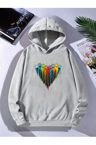 Uyguntarz Unisex Sevimli Pati Kalp Baskılı Oversize Genel Gri