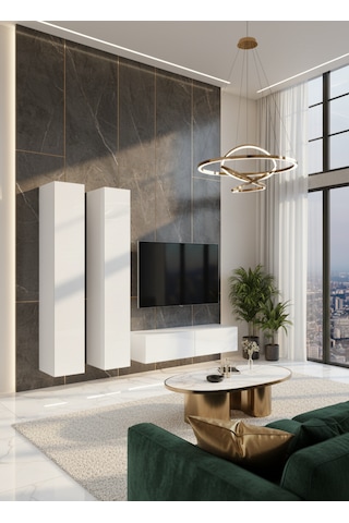 Mac Dizayn Fasalis Tv Ünitesi 2 Boy Dolaplı Parlak Beyaz