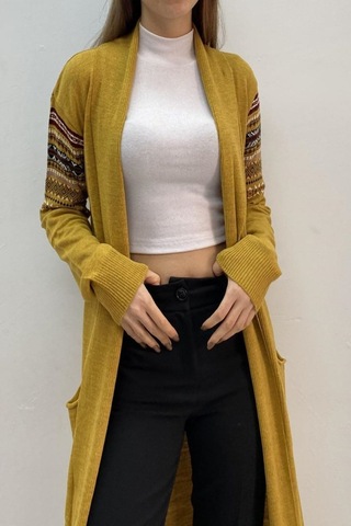 Onno Style Women Kilim Desen Uzun Ceket Hardal
