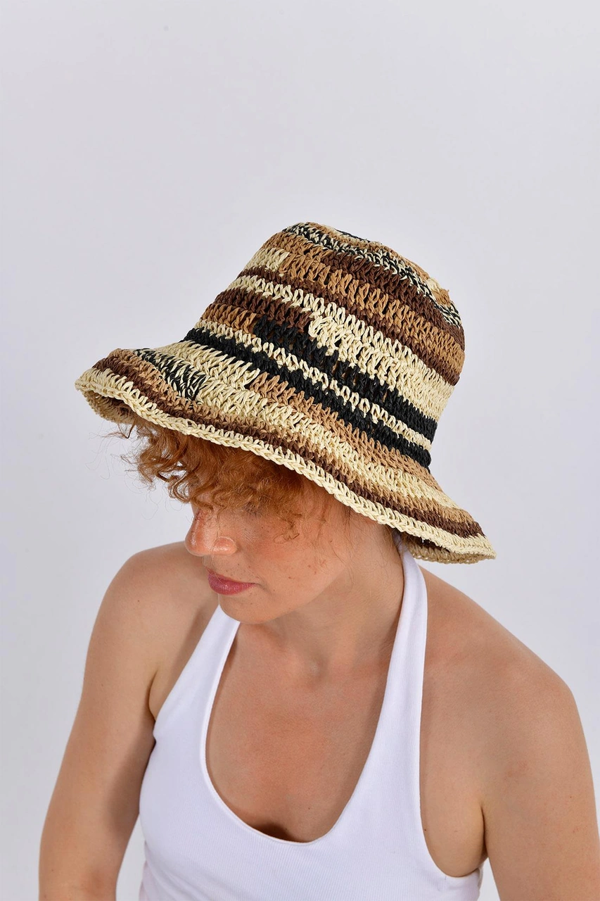 Doğal Çizgili Rafya Şapka Çok Renkli