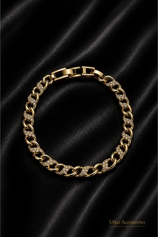 Xupıng Taşlı Gold Ayarlanabilir Çelik Bileklik Altın