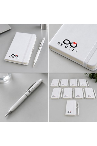 Bk Kurumsal Logonuza Özel 10 Adet 923-914 9 X 14 Termo Deri Defter Ve Touch Pen Kurumsal Hediye Seti Beyaz