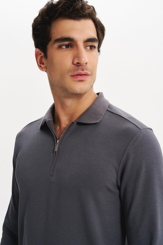 AR-MA Arma Erkek Basic Slim Fit Fermuarlı Polo Yaka Sweatshirt İnce Modal Pamuk Elastan Karışımlı Örme İnterlok Kumaş K30554989002 Gri
