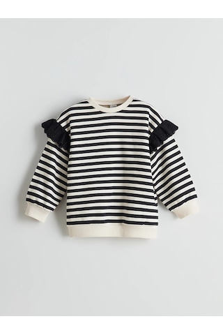 LC Waikiki Lcw Kids Siyah Bisiklet Yaka Çizgili Kız Çocuk Sweatshirt Black Strıped