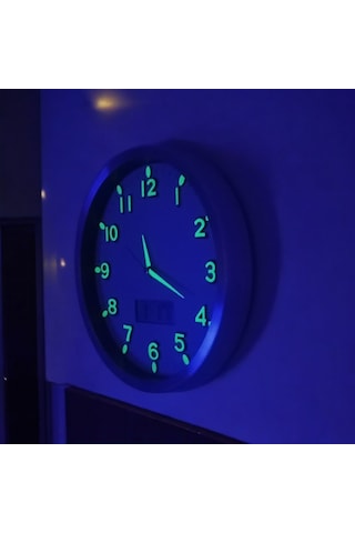 Fosforlu Termometreli Isı Ölçer Dijitalli Kabartma Rakam Metal Duvar Saati Beyaz
