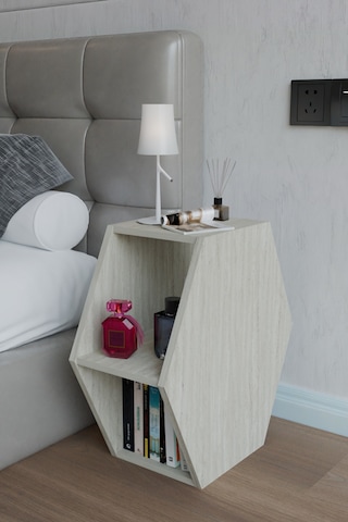 Alpa Ev Mobilya Altıgen Komodin, Modern Başucu Sehpası, Dekoratif Raflı Komodin Kitaplık Traverten