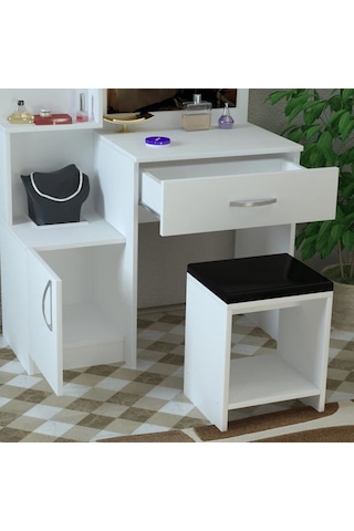AE-4002 Novella Puflu Aynalı Makyaj Masası, Dolaplı, Çekmeceli, Raflı, Beyaz, Minderli, Tuvalet