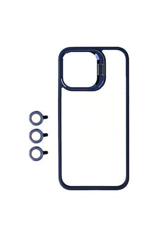 Apple Uyumlu iPhone 15 Pro Max Kılıf Kamera Lens Korumalı Standlı Zore Klon Lensli Kapak Lacivert