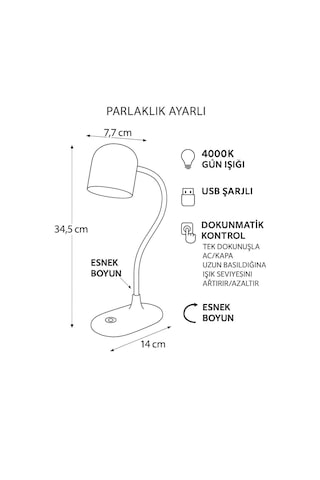 Berlin Şarjlı Dokunmatik Masa Lambası 4000k Gün Işığı, Parlaklık Ayarlı, Usb Şarjlı, Esnek Boyunlu Led O Çok Renkli