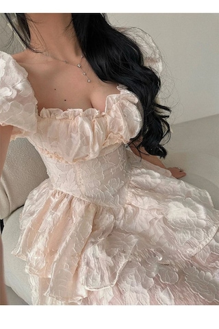 Fashion Cocktail Kabarık Balon Kol Kabartma Kumaş Süper Mini Tütü Prenses Orta Çağ Elbise Krem