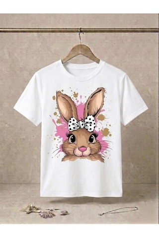 Sevimli Tavşan Figür Baskılı Kompakt T-shirt Beyaz