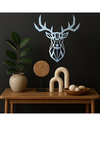 Geyik Kafası Figürü Ahşap Mdf Üzeri Aynalı Gümüş Pleksi 40x40 Cm