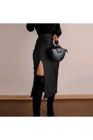 Vonda Kadın Modası Düz Renk Yırtmaçlı Düz Etekler Siyah