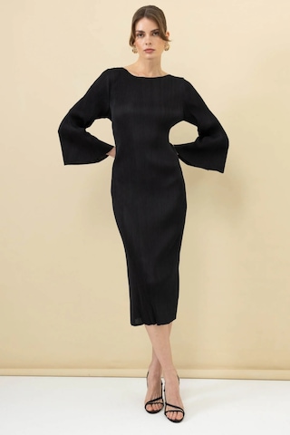 Ekol Kadın Akordiyon Kumaş Maxi Boy Elbise 5920 Siyah Siyah