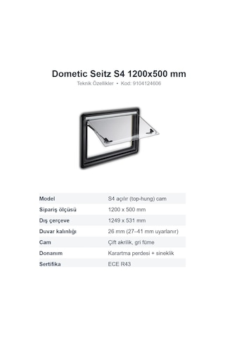 Dometic Seitz S4 Amortisörlü Açılır Karavan Camı 1200x500 Mm 9104124606 S