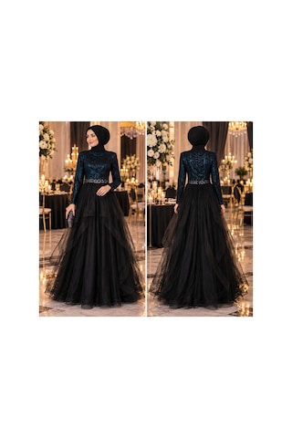 Gül&can Butik Tesettür Abiye Üstü Pullu Etek Kismi Tüllü Abiye Siyah