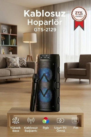 Özel Üretim Seyyar Kablosuz Bluetooth Hoparlör Mikrofonlu Rgb Işıklı Gts-2129 Siyah