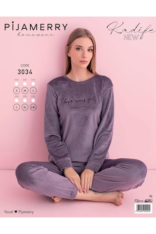 Pijamerry Kadın Kışlık Bisiklet Yaka Kadife Pijama Takımı 3034m - 1 Adet Açık Mor