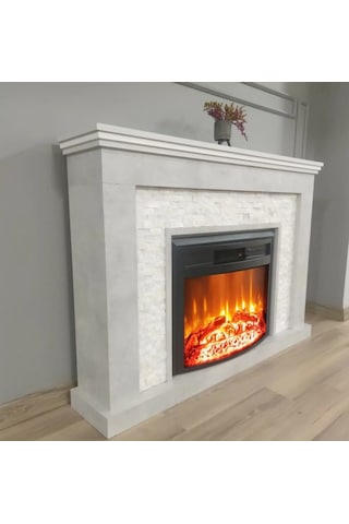Elektrikli Şömine 1800W Gri Beton İçine Beyaz Doğal Taşlı Dekorat