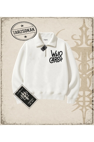 Tarzsokak Gotik & Grunge Streetwear Who Cares Yarım Fermuarlı Sweatshirt Beyaz Tarzsokak Gotik & Grunge Streetwear Who Cares Yarım Fermuarlı Sweatshirt Beyaz