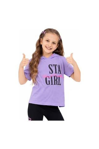 İrem Çocuk Giyim Kız Çocuk Stay Girl Yazı Desenli Kapüşonlu Tişört Kaprili Mor Renk İkili Takım Mor