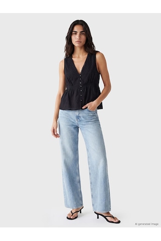 Lcw Vision Siyah V Yaka Dantel Detaylı Peplum Bluz