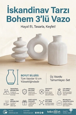 İskandinav Tarzı Bohem 3'lü Vazo 10 Cm. Beyaz