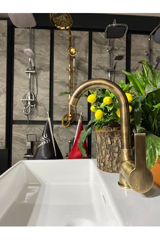 İsaoğlu Yapı Antik Gold Diamond Design Lavabo Bataryası Eskitme Lavabo Bataryası Gold