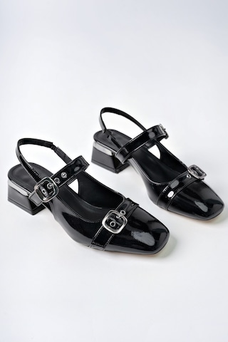 Muggo Yuqi Arkası Açık Küt Burun Çift Kemerli Kadın Günlük Klasik Kısa Topuklu Ayakkabı Sıyahrugan