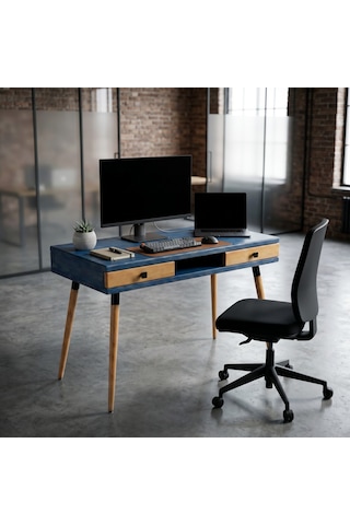 Mobenta Modest Desk: Masif Çalışma & Laptop Masası 2 Çekmece 1 Bölme - 120x60 Ig-tk Mavi-ahşap