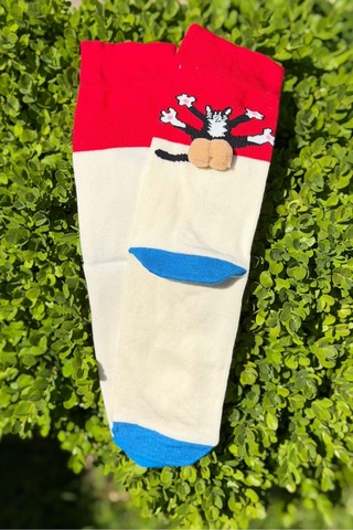Lousocks Unisex Kırmızı Krem Renk Bloklu Kedi Desenli Ponpon Soket Çorap