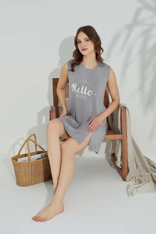 Guava Kadın Bisiklet Yaka Viskon Yırtmaç Detaylı Mini Gecelik Elbise - Homewear Gri