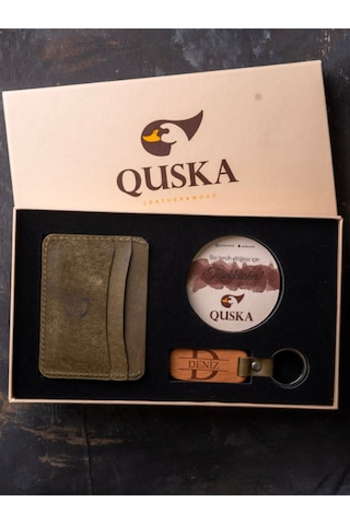 Quska Kişiye Özel İsimli El Yapımı Hakiki Deri Yeşil Kartlık+anahtarlık Hediyelik Set- Grain Minimal Yeşil