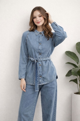 Hiramir Kadın Modern Kesim Kuşaklı Denim Takım Yz2601 Mavi
