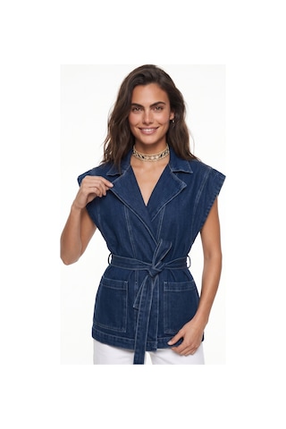 Onloox Kadın Lacivert Lacivert Denim Kumaş Kruvaze Yaka Rahat Kalıp Kuşak Bağlamalı Ön Cepli Kolsuz Yelek