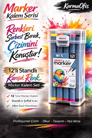 12'li Standlı Alkol Bazlı Çift Uçlu Marker Kalem Seti - Profesyonel Çizim & Tasarım Kalemi