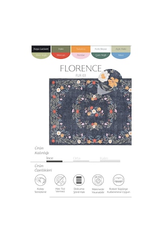 Cool Halı Florence Lacivert Yeşil Çiçekli Dekoratif Bohem İnce Yıkanabilir Şönil Dokuma Salon Halısı