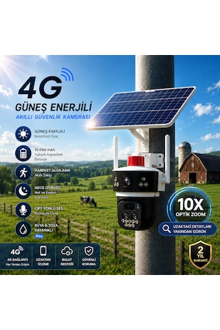 3x4mp 4+4+4 Güneş Panelli Kamera 4g Sim Kartlı 360 10x Zoom Akıllı Güvenlik Kamerası