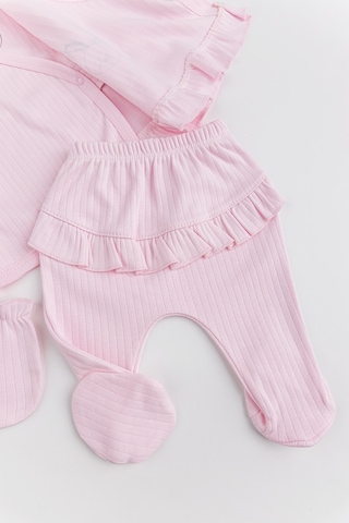 Tavşan Figürlü Pamuklu 5 Parça Kız Bebek Hastane Çıkışı Bebek Takımı Pembe