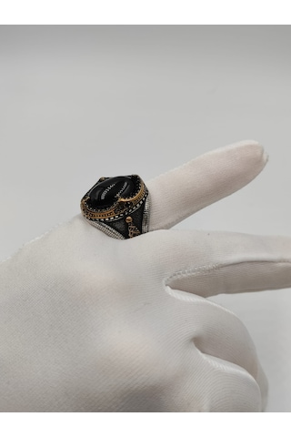 Siyah Taşlı Kapşon Kesim Erkek Yüzüğü 24 Mm 925 Ayar Gümüş Yüzük