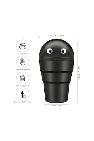 Maiyame Siyah Abs Plastik Araç Çöp Kutusu 520ml - Sızdırmaz Su Geçirmez - Basılı Kapağı İle - Mini Boyut 9.4x9.4x16.9cm - Araç/ofis/ev Kullanıma Uygun