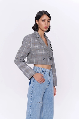 Kareli Çift Düğmeli Crop Blazer Ceket Gri Gri