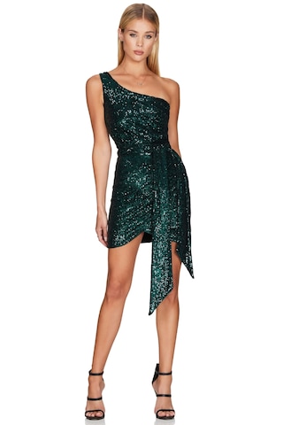 Hanife Glam Couture Hanife Glam Tek Omuz Zara Pupayet İşlemeli Mini Elbise Zümrüt