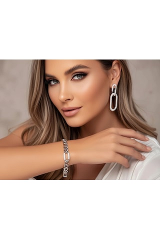 Tiptop/ Gümüş Renk Zirkon Taşlı Sallantılı Model Çelik Küpe -zincir Model Zirkon Taşlı Bileklik Gümüş